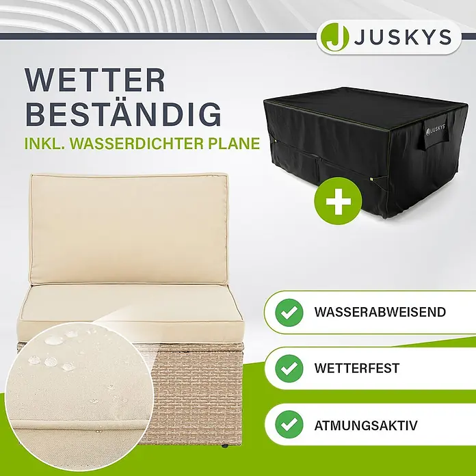 Juskys Loungemöbel-Set Salou - 7 -tlg., Möbel: Polyrattan, Stahl (pulverbeschichtet); Tischplatte: Gehärtetes Glas; Bezug: 100% Polyestergewebe 180 g/m131; Abdeckung: 420D Oxford-Gewebe (100 g/m²), PU-Beschichtung, Beige - Beiges Outdoor-Polster mit Wassertropfen und schwarzer Schutzhülle, beides wetterbeständig.
