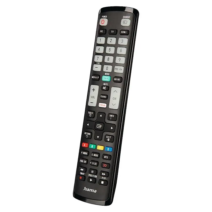 Hama Universal-Fernbedienung für Samsung TVs - Schwarz - Schwarze Universal-TV-Fernbedienung mit weißen und farbigen Tasten für Strom, Kanäle, Lautstärke und Menüfunktionen.