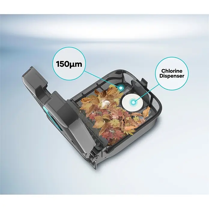 Aiper Poolroboter Surfer S2 - Akkubetrieben - Dunkelgrauer Filterkorb mit Blättern und Chlorverteiler, hebt 150µm Filtration hervor.
