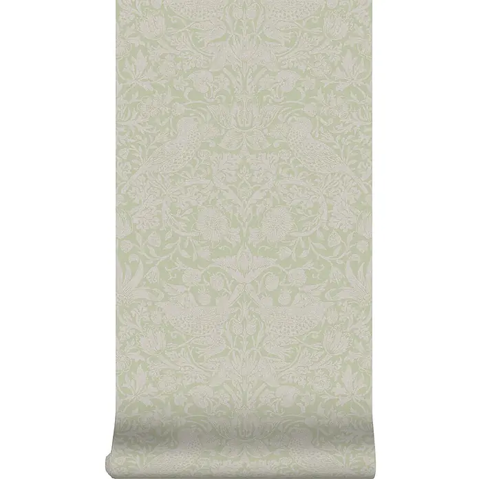 William Morris At Home Vliestapete Vliestapete Erdbeerdieb - Grün, Floral, 10 x 0,52 m - Hellgrüne Tapetenrolle mit filigranem, hellem Muster aus Vögeln, Blumen und Blättern.