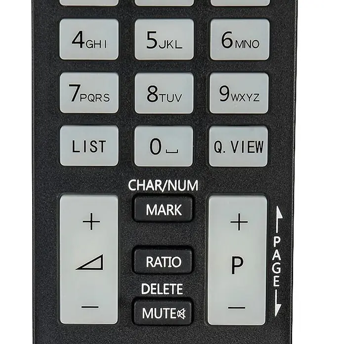 Hama Universal-Fernbedienung 00221061 - Schwarz - Nahaufnahme einer schwarzen Fernbedienungstastatur mit weißen alphanumerischen und Funktionstasten, inklusive Seiten-/Kanalsteuerung.