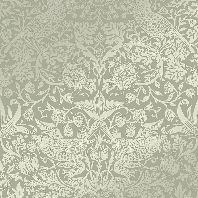 William Morris At Home Vliestapete Vliestapete Erdbeerdieb - Grün, Floral, 10 x 0,52 m - Salbeigrüne Tapete mit naturinspiriertem Muster aus Vögeln, Erdbeeren und verschlungenem Laub.