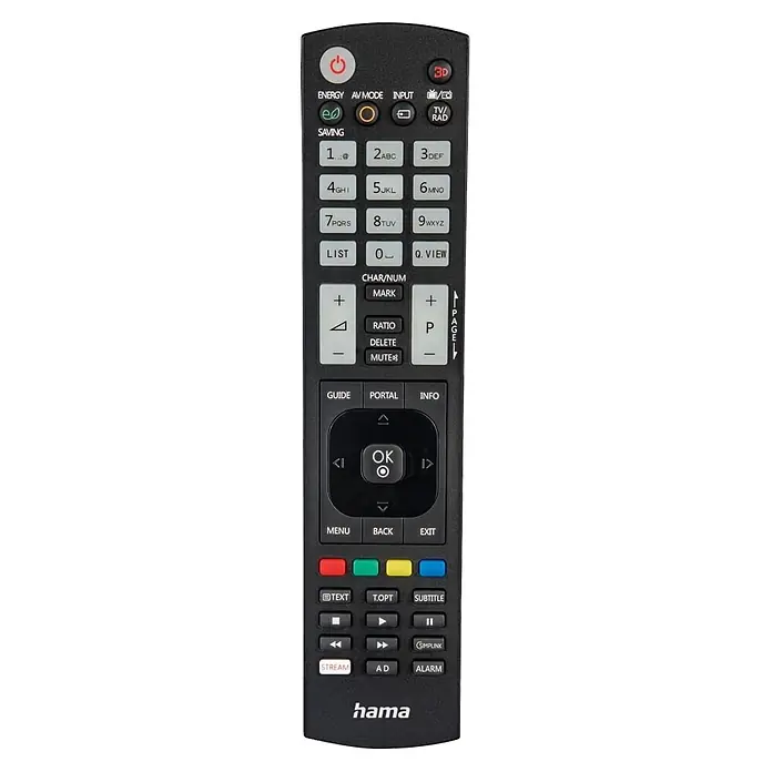 Hama Universal-Fernbedienung 00221061 - Schwarz - Schwarze Hama Fernbedienung mit zahlreichen grauen und schwarzen Tasten für TV- und Medienfunktionen, inkl. Power, Zahlen und Navigation.