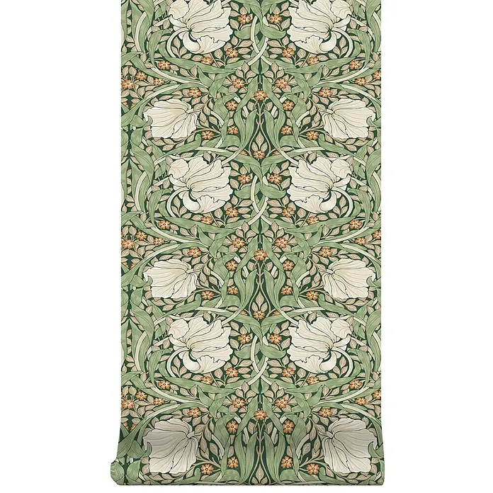 William Morris At Home Vliestapete Vliestapete Pimpernel Blumen - Grün, Floral, 10 x 0,52 m - Tapetenrolle mit Jugendstil-Blumenmuster: große weiße Blüten, grüne Blätter, kleine orangefarbene Blumen auf dunkelgrünem Grund.