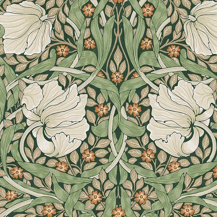William Morris At Home Vliestapete Vliestapete Pimpernel Blumen - Grün, Floral, 10 x 0,52 m - Elegantes Blumenmuster: große cremefarbene Blüten, grüne Blätter, kleine orangefarbene Blüten.