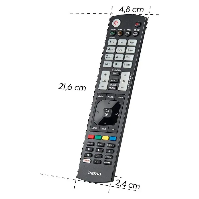 Hama Universal-Fernbedienung 00221061 - Schwarz - Schwarze Hama TV-Fernbedienung mit vielen Tasten, 21,6 cm lang und 4,8 cm breit. Ergonomisches Design.