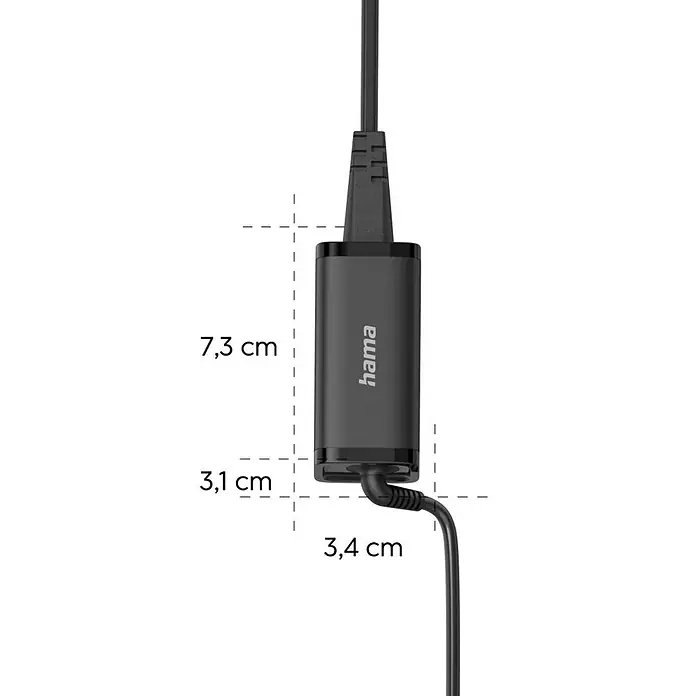 Hama Ladegerät 00200022 GaN Power Delivery (PD) 5-20V/45W - Schwarz - Schwarzer Hama-Adapter mit Kabeln. Abmessungen: 7,3 cm L, 3,1 cm B, 3,4 cm T.