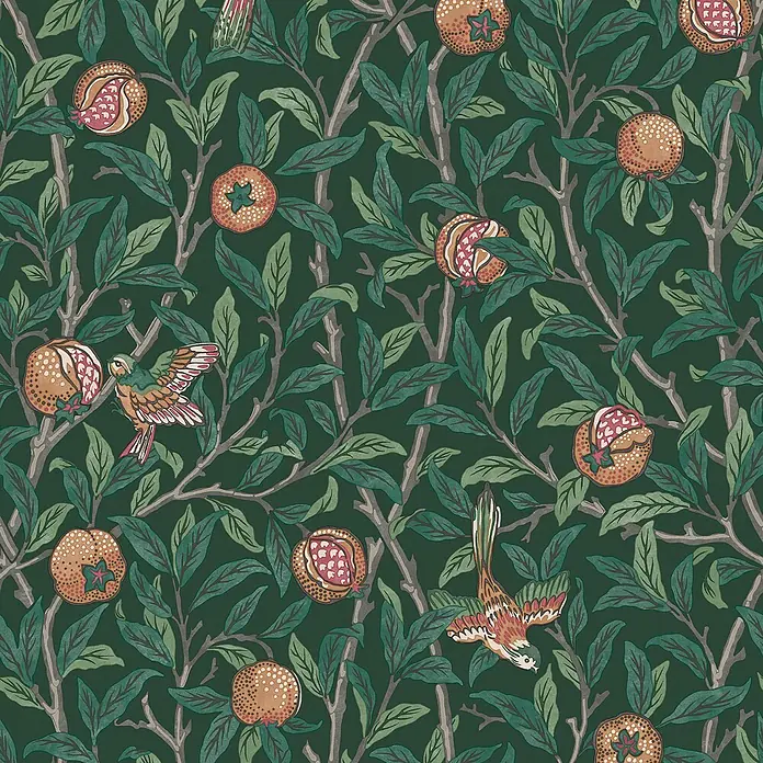 William Morris At Home Vliestapete Vliestapete Vogel und Granatapfel - Grün, Tieroptik - Dunkelgrünes botanisches Muster mit Ästen, grünen Blättern, Granatäpfeln (teils offen) und kleinen bunten Vögeln.