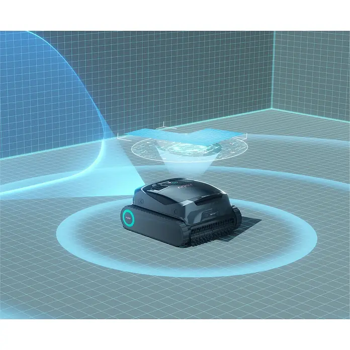Aiper Poolroboter Scuba X1 Pro - Akkubetrieben, Passend für: Eingelassene Pools bis ca. 200 m² / 2.150 sq.ft; Beton, Fliesen, Folie/Liner, Fiberglas, Filterleistung: 25.200 l/h - Dunkelgraues Kettenrobotergerät, das seine Umgebung mit blauem Licht auf einem digitalen Gitter kartiert.