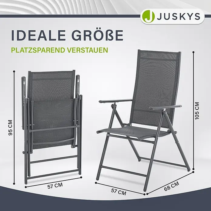 Juskys Gartenstuhl-Set Calena - 2 Stk., Stahl, Klappbar, anthrazit, B x T x H: 57 x 68 x 105 cm - Grauer klappbarer Gartenstuhl, gefaltet (95x57cm) und entfaltet (105x57x68cm) zur Veranschaulichung der Maße.