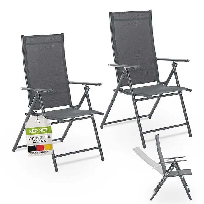Juskys Gartenstuhl-Set Calena - 2 Stk., Stahl, Klappbar, anthrazit, B x T x H: 57 x 68 x 105 cm - Zwei graue, klappbare Gartenstühle mit Textilgewebe und Aluminiumrahmen, einer in verstellbarer Liegeposition gezeigt.