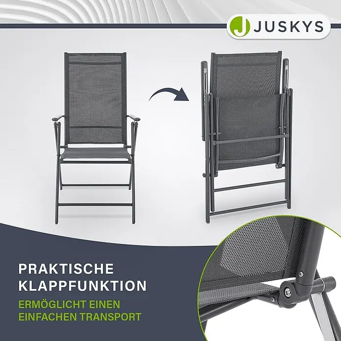 Juskys Gartenstuhl-Set Calena - 2 Stk., Stahl, Klappbar, anthrazit, B x T x H: 57 x 68 x 105 cm - Dunkelgrauer Klappstuhl, aufgeklappt und kompakt zusammengeklappt für einfachen Transport.
