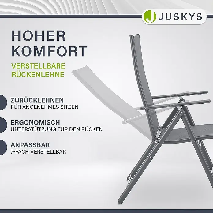 Juskys Gartenstuhl-Set Calena - 2 Stk., Stahl, Klappbar, anthrazit, B x T x H: 57 x 68 x 105 cm - Dunkelgrauer Klappstuhl mit Netzgewebe und verstellbarer Rückenlehne, in mehreren Liegepositionen gezeigt.