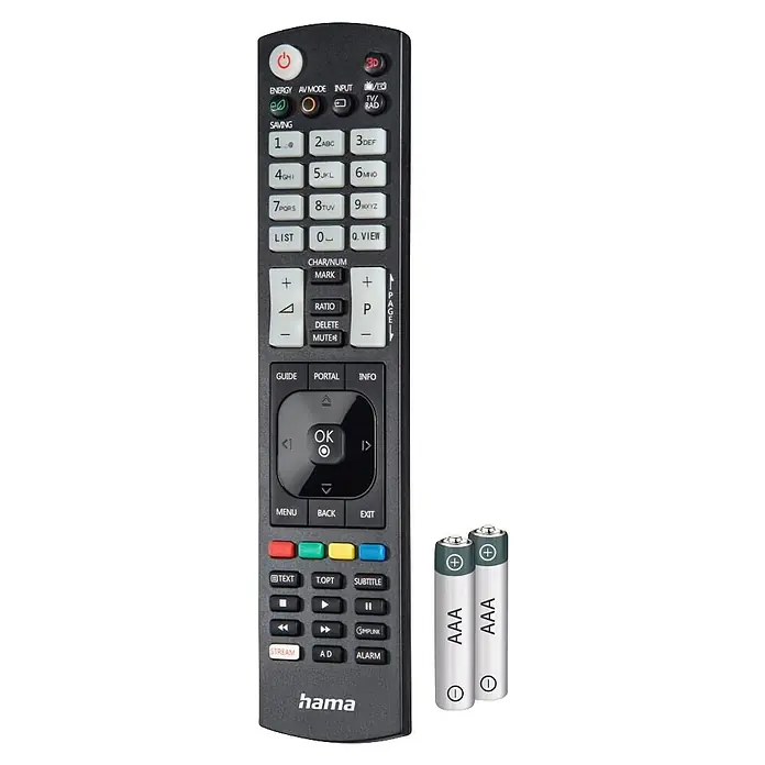 Hama Universal-Fernbedienung 00221061 - Schwarz - Dunkelgraue Hama Fernbedienung mit zahlreichen weißen und schwarzen Tasten, begleitet von zwei AAA-Batterien.