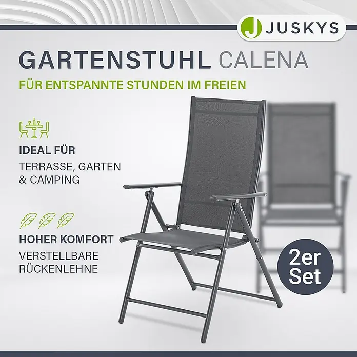 Juskys Gartenstuhl-Set Calena - 2 Stk., Stahl, Klappbar, anthrazit, B x T x H: 57 x 68 x 105 cm - Zwei dunkelgraue Gartenklappstühle aus Textilgewebe, einer im Vordergrund.