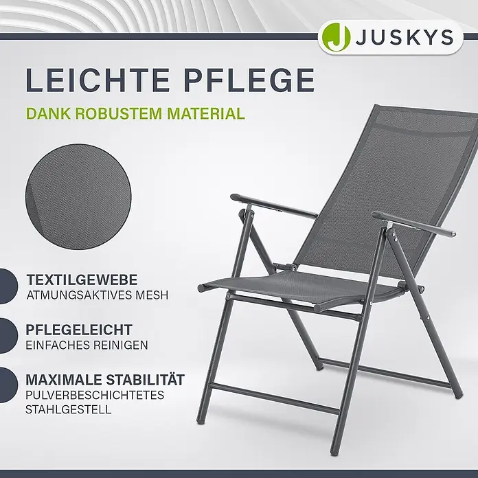 Juskys Gartenstuhl-Set Calena - 2 Stk., Stahl, Klappbar, anthrazit, B x T x H: 57 x 68 x 105 cm - Grauer Klappstuhl mit atmungsaktivem Netzgewebe und pulverbeschichtetem Stahlgestell.