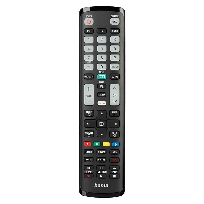 Hama Universal-Fernbedienung für Samsung TVs - Schwarz - Schwarze Universalfernbedienung für TV- und Mediengeräte mit deutlich beschrifteten Tasten.
