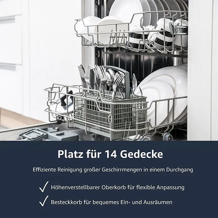 homeX Einbaugeschirrspüler GSEV6014AE - Breite: 60 cm, Anzahl Maßgedecke: 14 Stk., Vollintegriert - Offener Geschirrspüler mit gefüllten Körben für Teller, Schalen und Besteck. Er bietet Platz für 14 Gedecke, mit höhenverstellbarem Oberkorb und Besteckkorb.