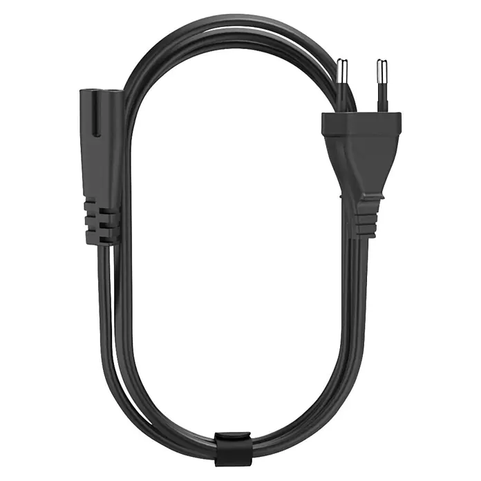 Hama Ladegerät 00200022 GaN Power Delivery (PD) 5-20V/45W - Schwarz - Schwarzes Netzkabel mit C7-Stecker und Schuko-Stecker, mit Kabelbinder befestigt.