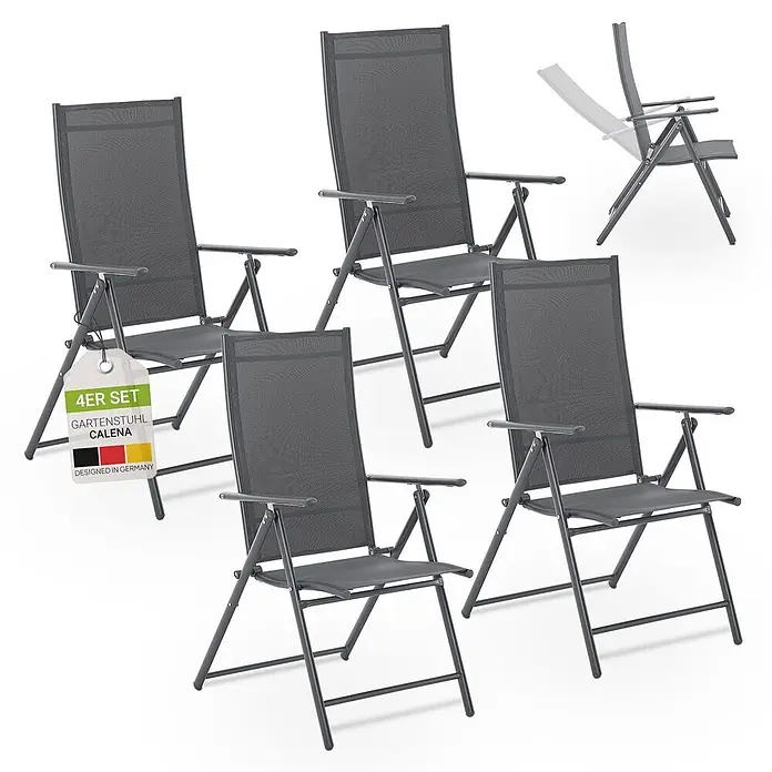 Juskys Gartenstuhl-Set Calena - 4 Stk., Stahl, Klappbar, anthrazit, B x T x H: 57 x 68 x 105 cm - 4er Set dunkelgraue Gartenstühle aus Metall mit Netzgewebe und verstellbaren Rückenlehnen.