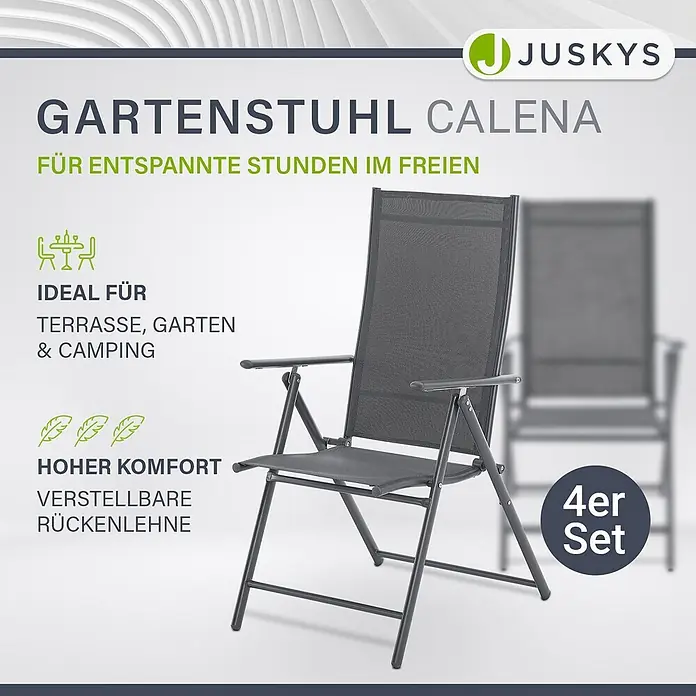 Juskys Gartenstuhl-Set Calena - 4 Stk., Stahl, Klappbar, anthrazit, B x T x H: 57 x 68 x 105 cm - Grauer, klappbarer Gartenstuhl Calena mit verstellbarer Rückenlehne, Teil eines 4er Sets.