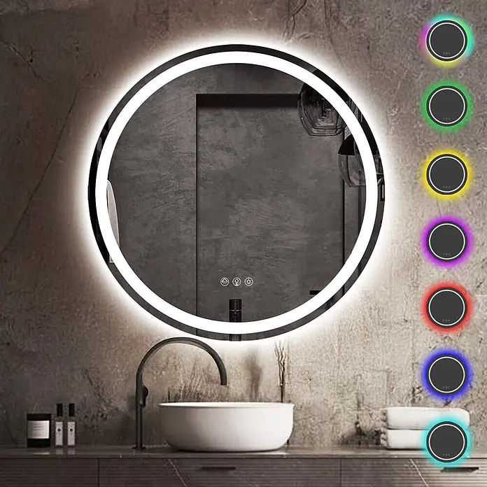 Lumoire Lichtspiegel MATRIX2 - 80 x 3 cm - Runder LED-Spiegel über einem Waschbecken im Badezimmer, mit einstellbarer Beleuchtung in verschiedenen Farboptionen.