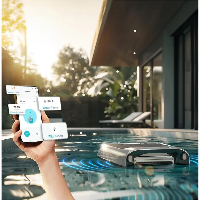 Aiper Poolroboter Surfer S2 - Akkubetrieben - Ein silberner Roboter-Poolreiniger schwimmt im Pool, gesteuert per Smartphone-App mit Wassertemperatur und Akku.