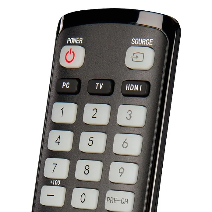 Hama Universal-Fernbedienung für Samsung TVs - Schwarz - Schwarze Fernbedienung mit weißen und schwarzen Tasten für Power, Source, PC, TV, HDMI und Zahlen 0-9, inklusive +100 und PRE-CH Funktionen.