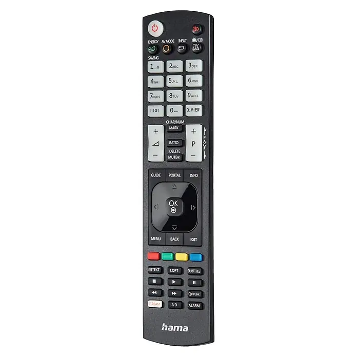 Hama Universal-Fernbedienung 00221061 - Schwarz - Schwarze Hama Universalfernbedienung mit weißen und farbigen Tasten für TV- und Multimediageräte.