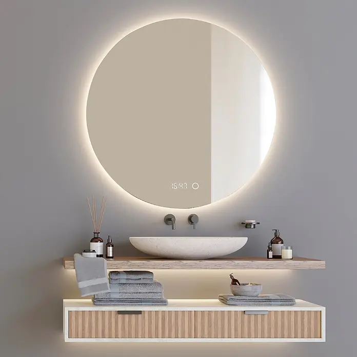 Lumoire Lichtspiegel RICHMOND - 100 x 100 cm - Modernes Badmöbelset mit beleuchtetem Rundspiegel, Steinwaschbecken und schwebendem Holzunterschrank mit Beleuchtung.