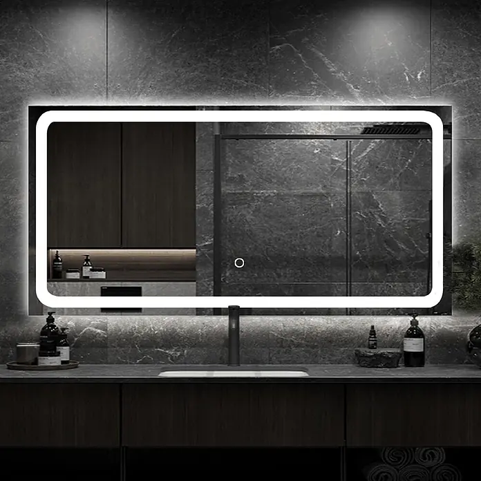 Lumoire Lichtspiegel INFINITY - 120 x 3 cm - Rechteckiger LED-beleuchteter Badezimmerspiegel mit abgerundeten Ecken und Touch-Schalter über einem Waschbecken.