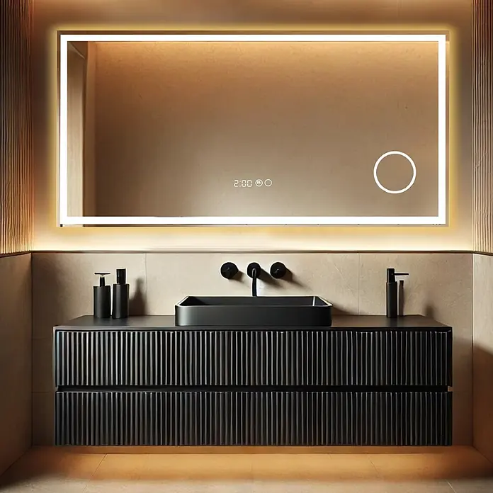 Lumoire Lichtspiegel TRONVG -  - Moderner, dunkler Badschrank mit schwarzem Waschbecken, Armaturen und hinterleuchtetem LED-Spiegel mit Zeit- und Entfeuchterkontrollen.