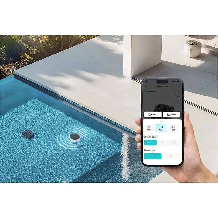 Aiper Poolroboter Scuba X1 Pro - Akkubetrieben, Passend für: Eingelassene Pools bis ca. 200 m² / 2.150 sq.ft; Beton, Fliesen, Folie/Liner, Fiberglas, Filterleistung: 25.200 l/h - Ein Roboter-Poolreiniger und schwimmender Sensor im Pool, gesteuert per Smartphone-App mit Reinigungsoptionen.
