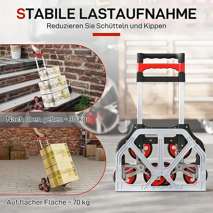 Homcom Sackkarre -  - Faltbarer Sackkarren mit rot/schwarzen Griffen und sechs Treppensteigrädern, bewegt Kartons auf Treppen (30kg) und ebenem Boden (70kg).