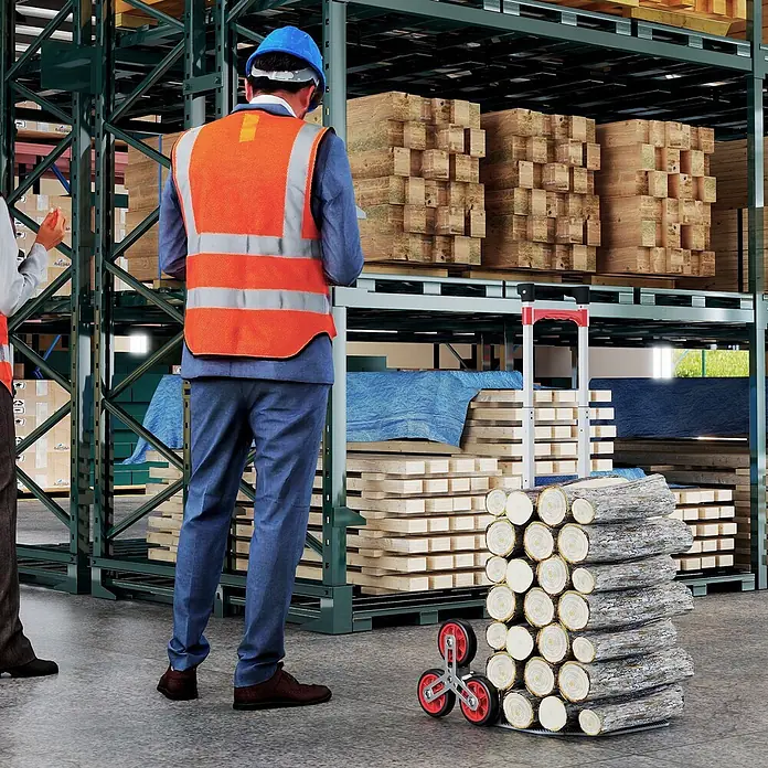Homcom Sackkarre -  - Rote und graue Treppensteiger-Sackkarre, beladen mit geschnittenen Holzscheiten im Lager.