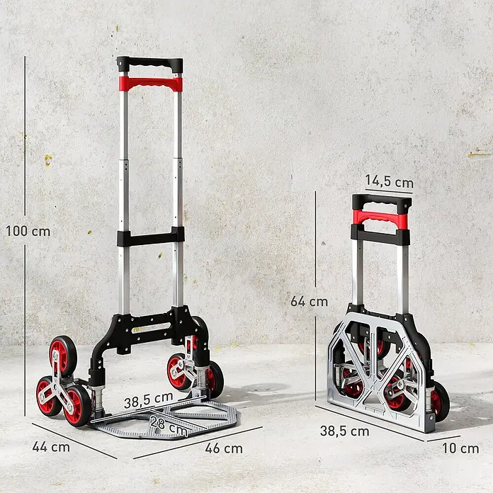 Homcom Sackkarre -  - Klappbare Treppenkarre in Silber und Schwarz mit roten Rädern, ausgeklappt (100 cm Höhe) und zusammengeklappt (64 cm Höhe).