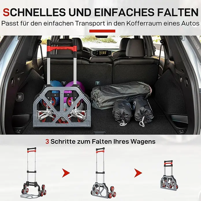 Homcom Sackkarre -  - Grauer klappbarer Sackkarren mit roten Rädern, im Autokofferraum verstaut. Die Schritte zeigen seine einfache Faltung.