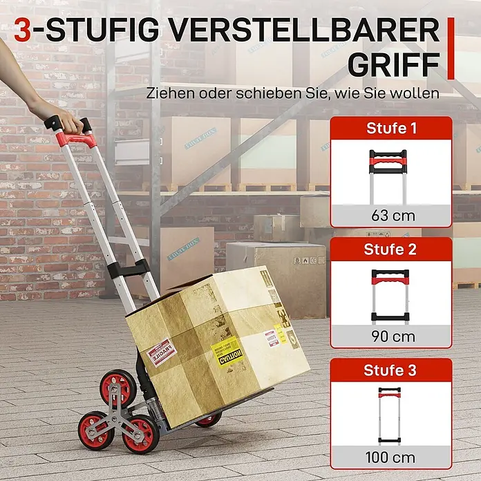Homcom Sackkarre -  - Verstellbarer Handwagen mit rotem Griff und Treppensteigrädern, der einen Karton transportiert. Griffhöhen: 63 cm, 90 cm, 100 cm.
