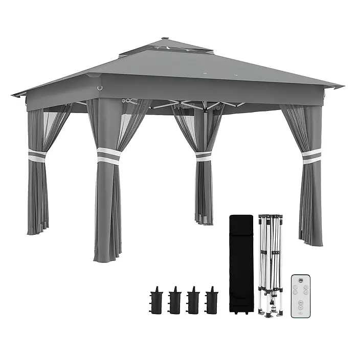 Outsunny Faltpavillon - B x T: 336 x 336 cm, Farbe Dach: Grau - Graues Pop-up-Pavillon mit Stoff- und Netzvorhängen, inklusive Faltrahmen, Tragetasche, Gewichten und Fernbedienung.