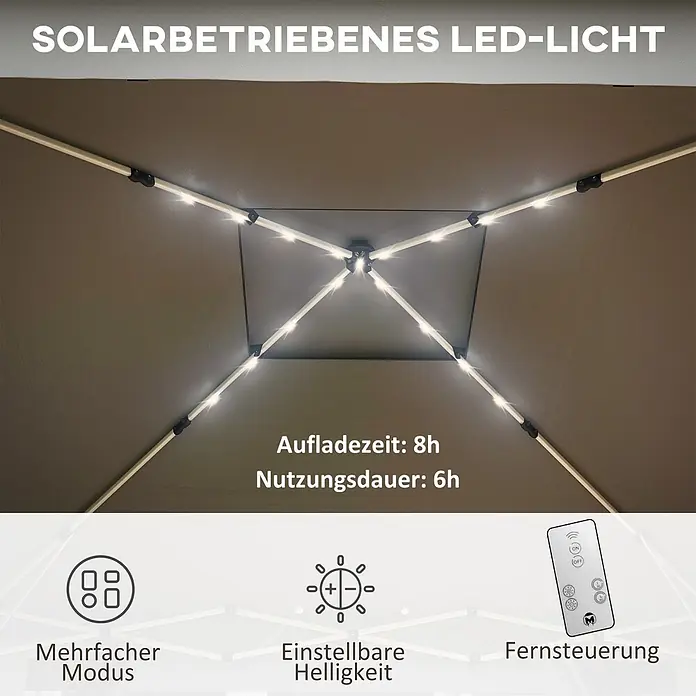 Outsunny Faltpavillon - B x T: 336 x 336 cm, Farbe Dach: Grau - Solarbetriebene LED-Lichter beleuchten das Gestell eines braunen Sonnenschirms oder einer Markise.