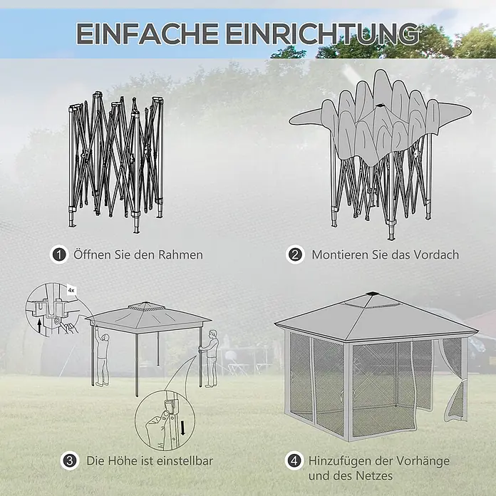 Outsunny Faltpavillon - B x T: 336 x 336 cm, Farbe Dach: Grau - Vier Schritte zur einfachen Montage eines grauen Pop-up-Pavillons mit Dach, verstellbarer Höhe und Seitenwänden mit Moskitonetz.