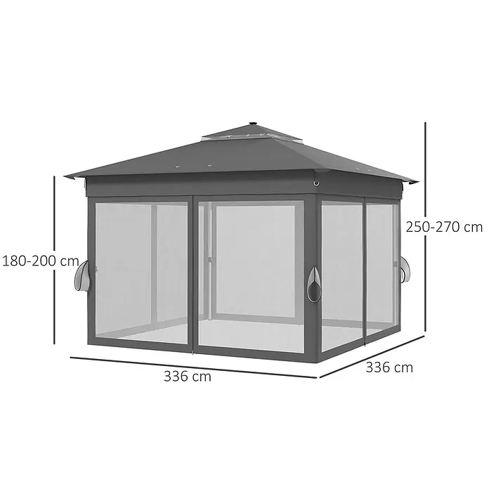 Outsunny Faltpavillon - B x T: 336 x 336 cm, Farbe Dach: Grau - Grauer, quadratischer Pavillon mit Moskitonetzen und Maßen.