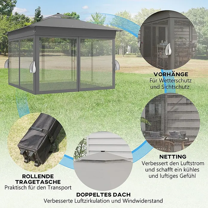 Outsunny Faltpavillon - B x T: 336 x 336 cm, Farbe Dach: Grau - Grauer Outdoor-Pavillon mit klaren Hartschalenpaneelen, Netzvorhängen, Doppeldach und Rolltragetasche.
