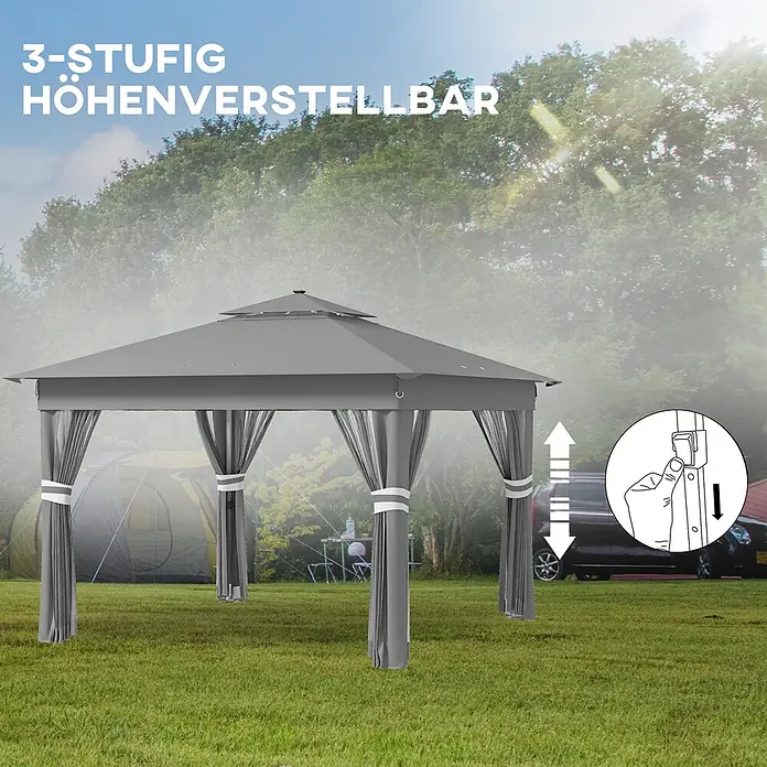 Outsunny Faltpavillon - B x T: 336 x 336 cm, Farbe Dach: Grau - Grauer, 3-stufig höhenverstellbarer Pavillon mit Vorhängen auf einer Rasenfläche.