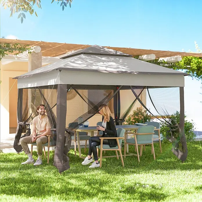 Outsunny Faltpavillon - B x T: 3,25 x 325 cm, Farbe Dach: Hellgrau - Beige und graues Pop-up-Pavillon mit Moskitonetz im Garten, Personen sitzen darin.