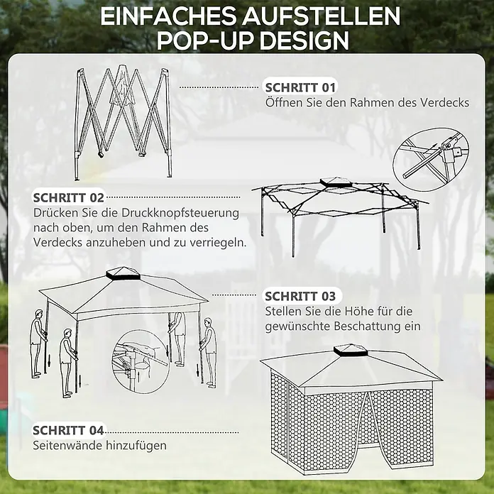 Outsunny Faltpavillon - B x T: 3,25 x 325 cm, Farbe Dach: Hellgrau - Aufbauanleitung für einen Pop-Up-Pavillon: Rahmen öffnen, verriegeln, Höhe einstellen, Seitenwände anbringen.