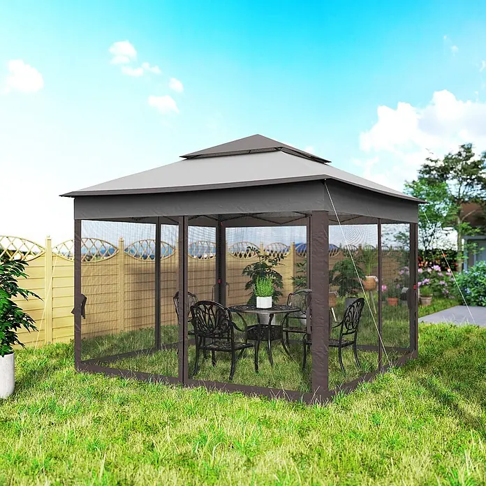 Outsunny Faltpavillon - B x T: 3,25 x 325 cm, Farbe Dach: Hellgrau - Dunkelgrauer Gartengazebo mit hellgrauem Dach und Netzvorhängen, ausgestattet mit einer Terrassen-Essgruppe.