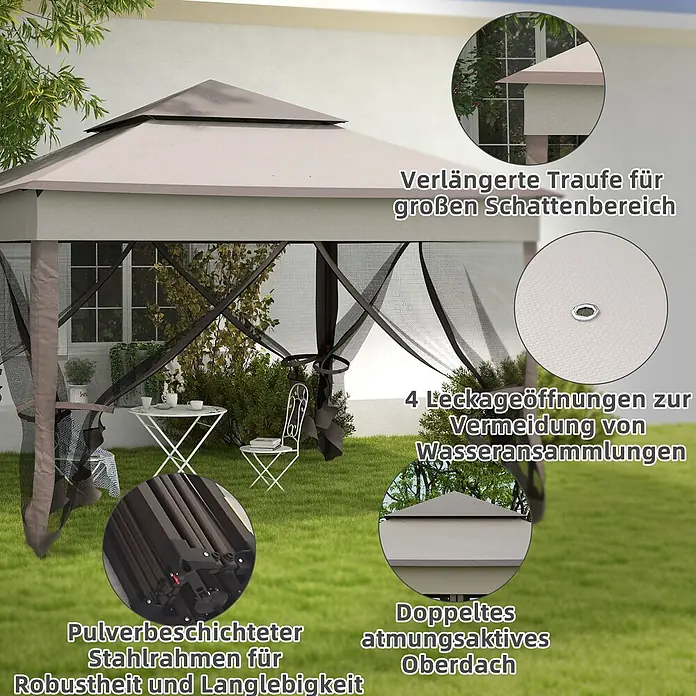 Outsunny Faltpavillon - B x T: 3,25 x 325 cm, Farbe Dach: Hellgrau - Beiges Gartenpavillon mit pulverbeschichtetem Stahlrahmen, doppeltem Dach für Belüftung, Moskitonetzen und verlängerten Traufen.
