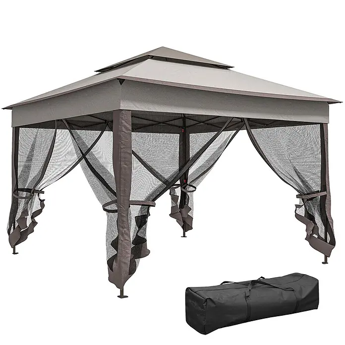 Outsunny Faltpavillon - B x T: 3,25 x 325 cm, Farbe Dach: Hellgrau - Grau-braunes Pop-up-Pavillon mit zweistufigem Dach und Moskitonetz, gezeigt mit seiner schwarzen Tragetasche.