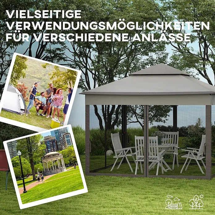 Outsunny Faltpavillon - B x T: 3,25 x 325 cm, Farbe Dach: Hellgrau - Grauer Outdoor-Pavillon mit Netzwänden und Möbeln auf einer Wiese, der vielseitige Einsatzmöglichkeiten für Anlässe zeigt.